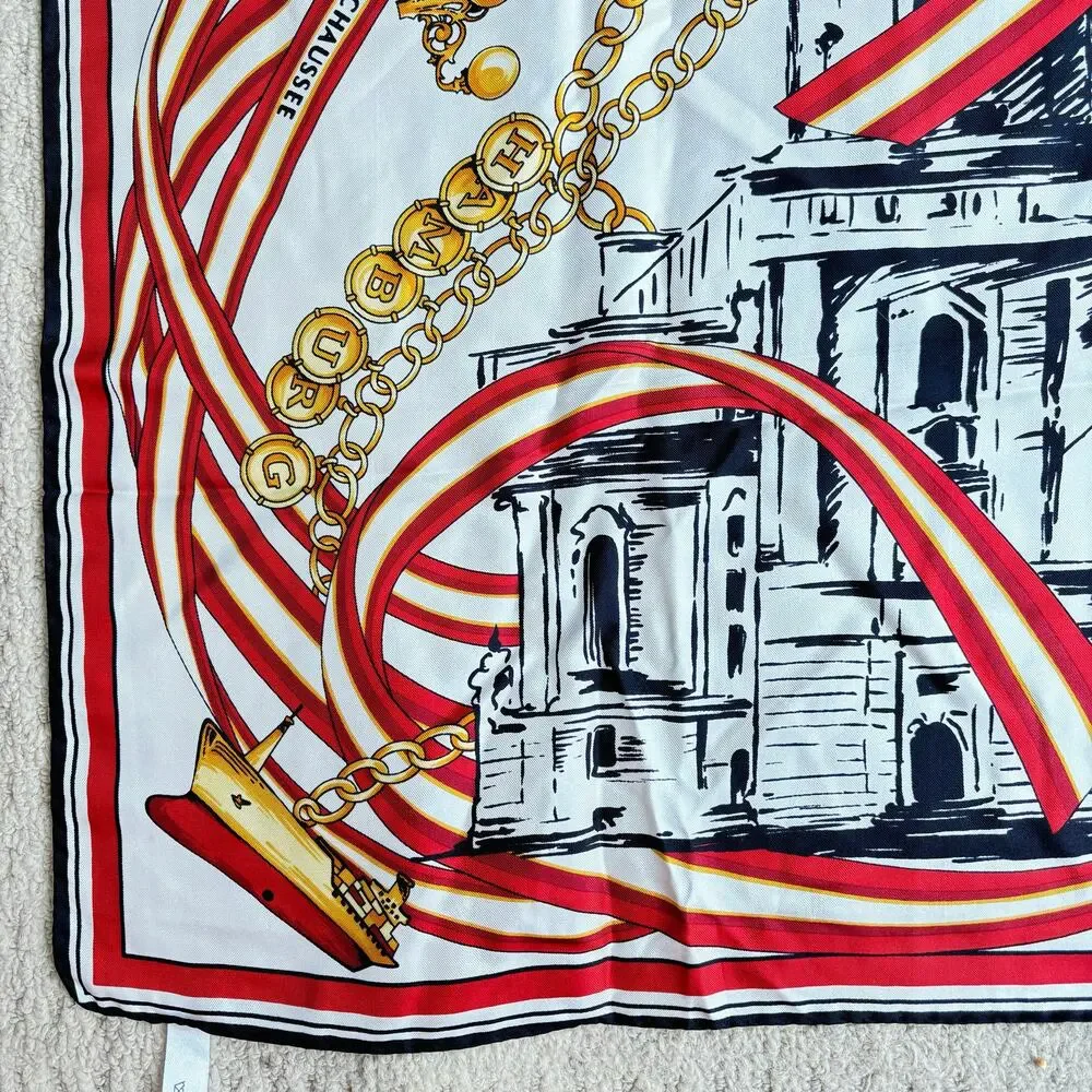 Silk scarf tourist souvenir red black white gold chain landmarks motif Europe